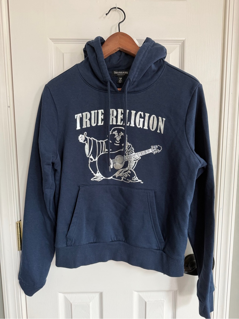 True Religion Navy Pullover Hoodie men’s womens girls boys sweatshirt M pocket